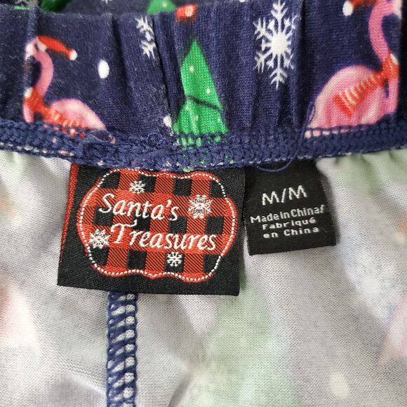 Santa’s Treasures Christmas Shorts Pajamas Size Medium Blue Flamingo Xmas Tree - Picture 10 of 11